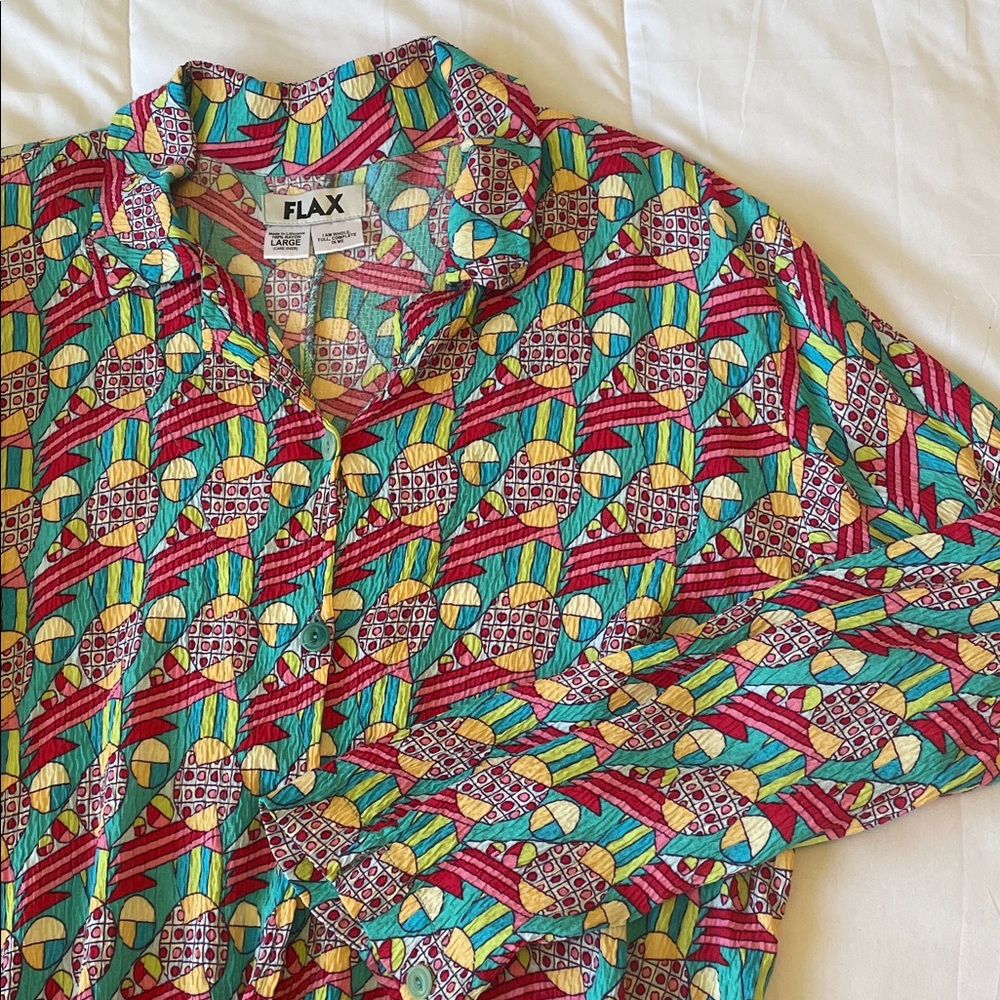 Flax Rayon Long Sleeve Button Front Shirt Large